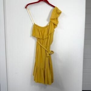 Promesa Mustard Yellow One Shoulder Mini Dress M Ruffle Linen Blend Boho Summer